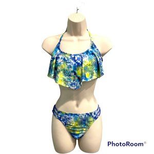 Women Size M BP NORDSTROMS Blue Floral 2 PC Flounce Top Strappy Bikini Swimsuit!